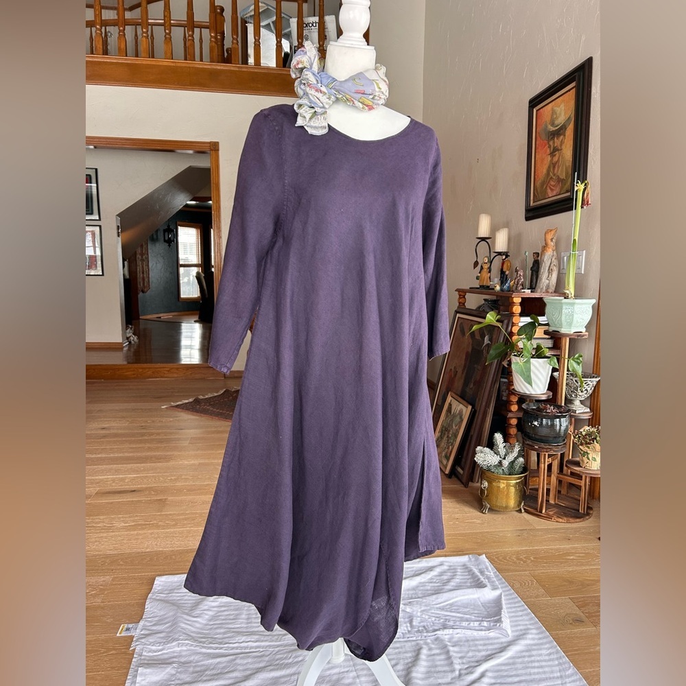 Luna Luz Anthropologie Linen Swing Dress | Asymmetrical Hem | Purple